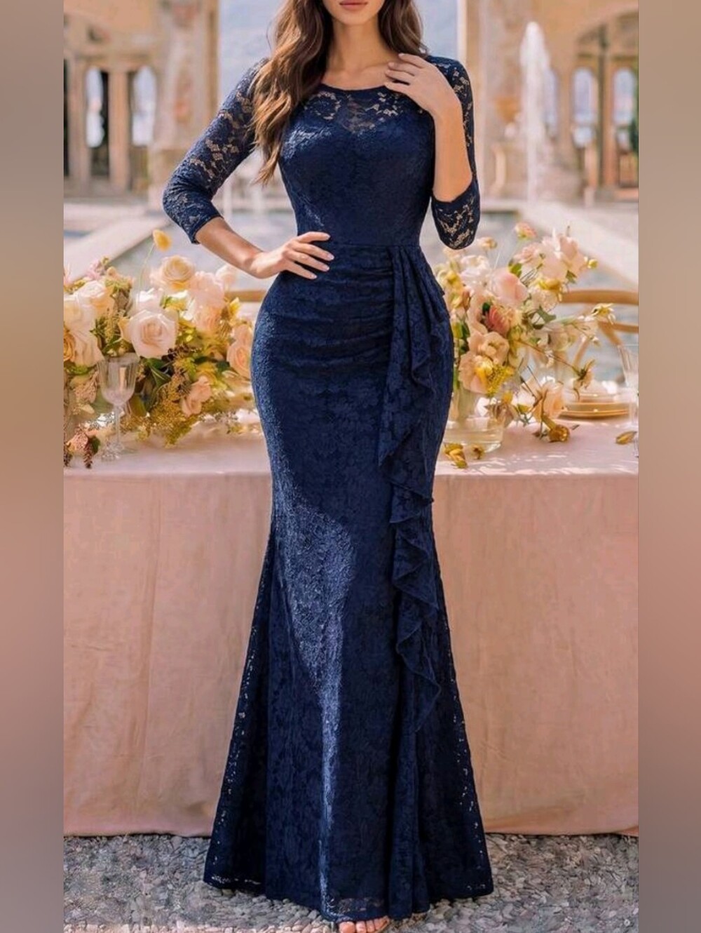 New Illusion Lace Waterfall Maxi Dress Threee Quarter Sleeve Navy Blue